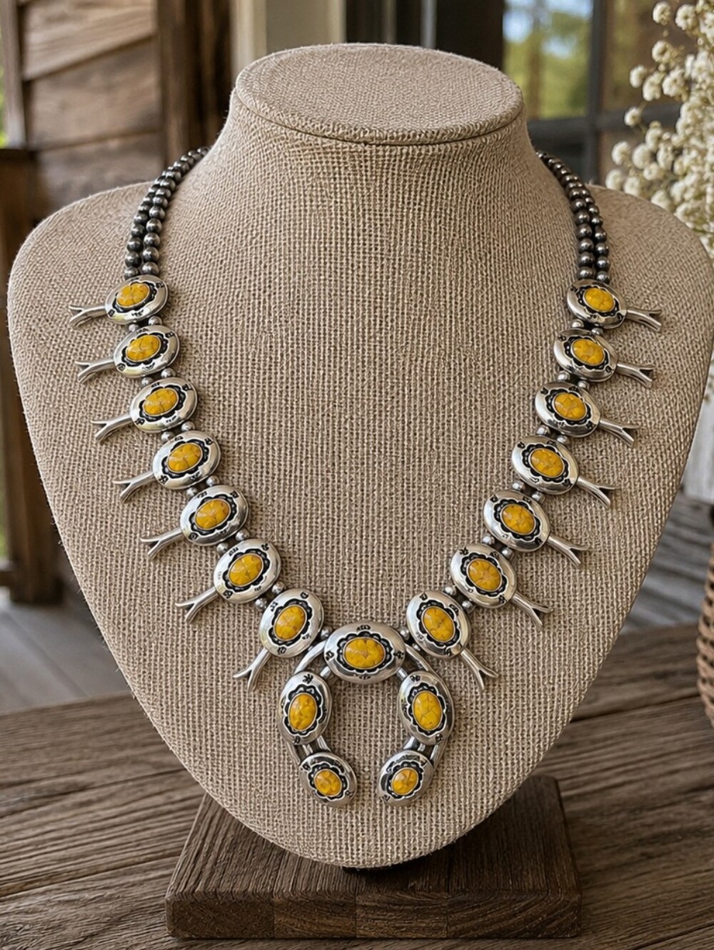 Native American Silver Yellow Stone Squash Blossom Necklace -  NEW